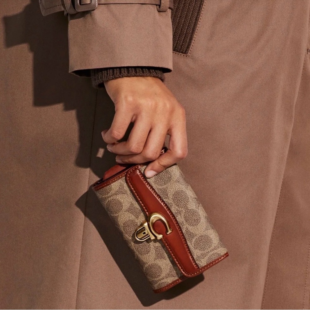 Coach Brown/Tan Signature Canvas Trifold Wallet with Leather Trim